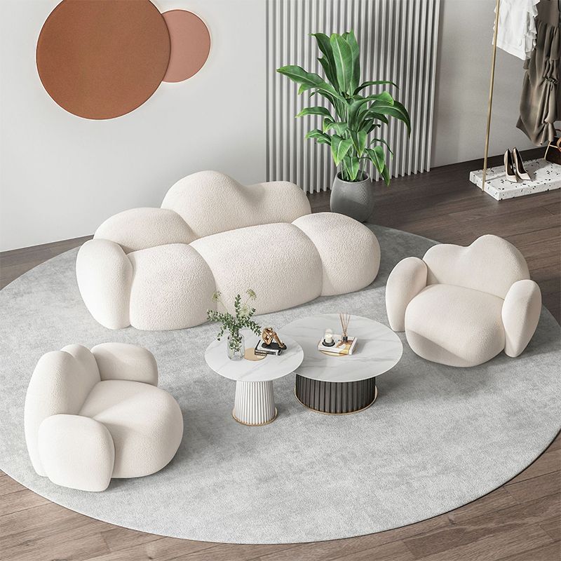 White Wool Curved Back Sofa Modern 34.65" H Square Arm Seating