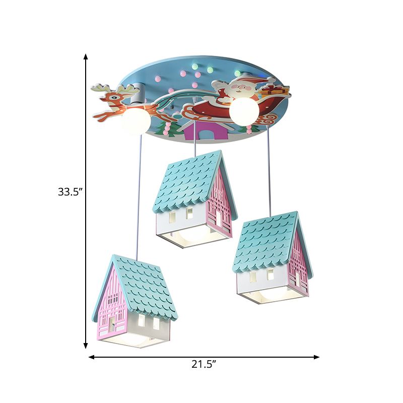 Blue House Pendant Lighting Cartoon 5 Heads Wooden Hanging Ceiling Light with Santa Claus and Deer Decor