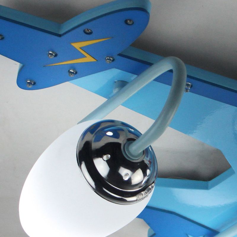 Blue Plane Flush Mount Lamp Kid 3-Light Wooden Ceiling Light with Oval Milky Glass Shade