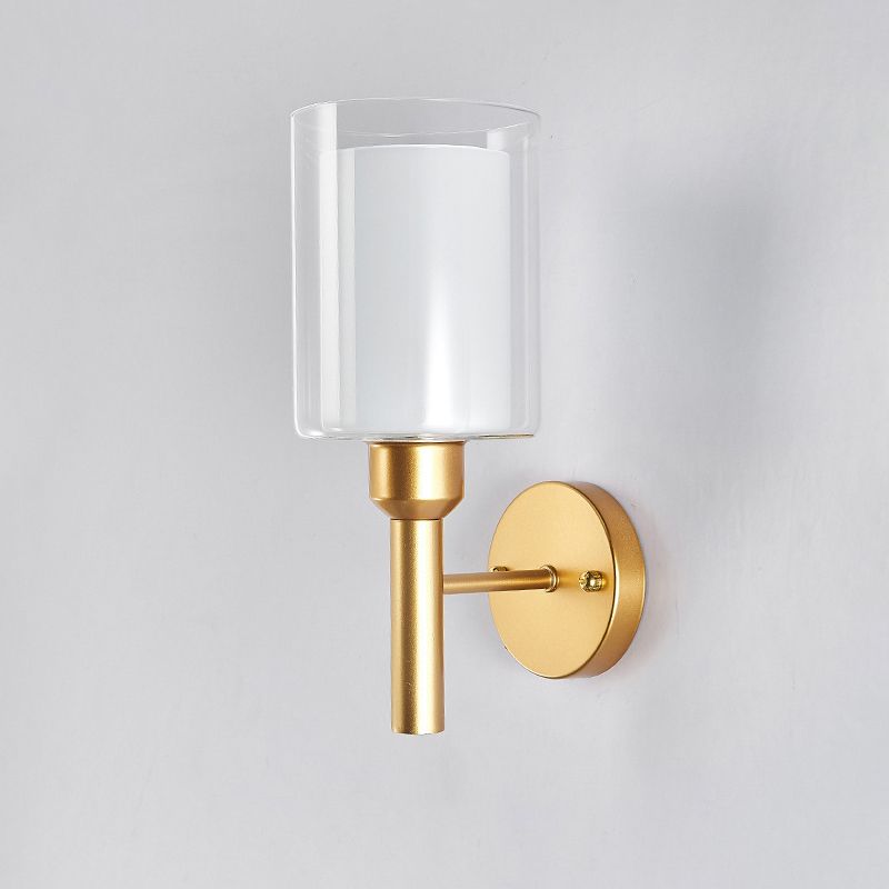 Metallic Single Bulb Wall Light, Golden Finish with Cylinder Shaped Glass Shade