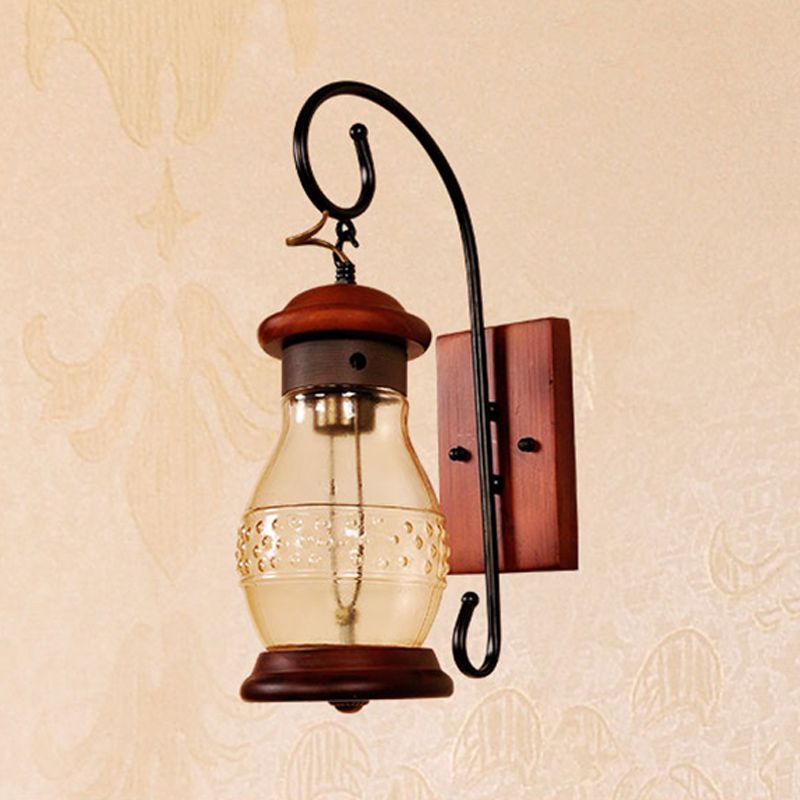 Copper Bottle Wall Sconce Light Industrial Tan Glass 1-Head Bedroom Wall Lamp with Curved Arm