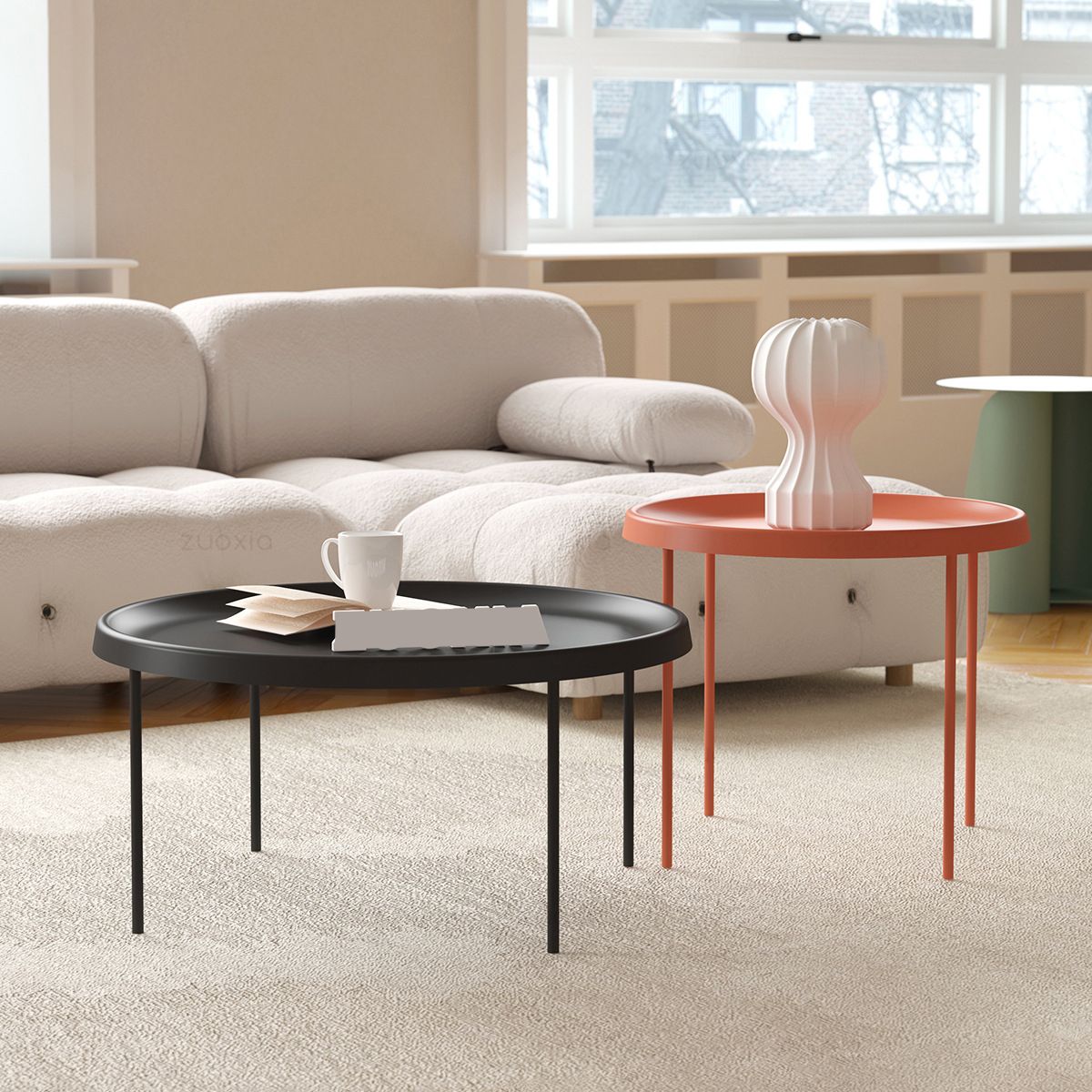 Mid-century Modern Steel Round Tray Top Coffee Table 4 Legs Cocktail Table