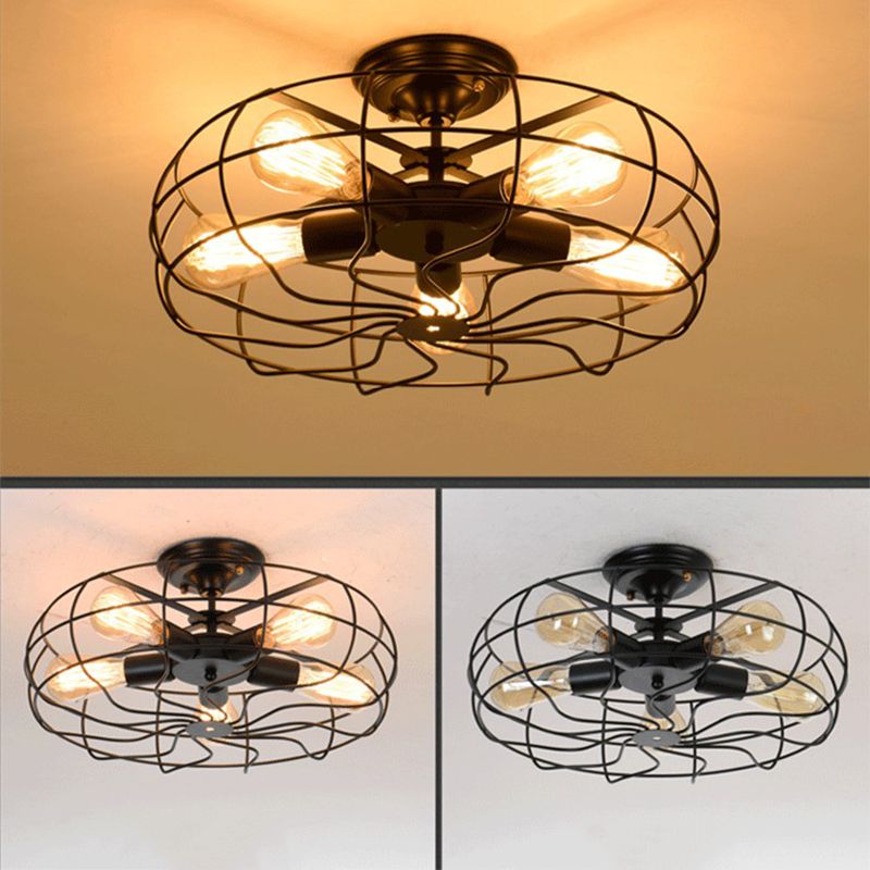 Industrial Style Flush Mount Metal Ceiling Light  in Black for Hallway