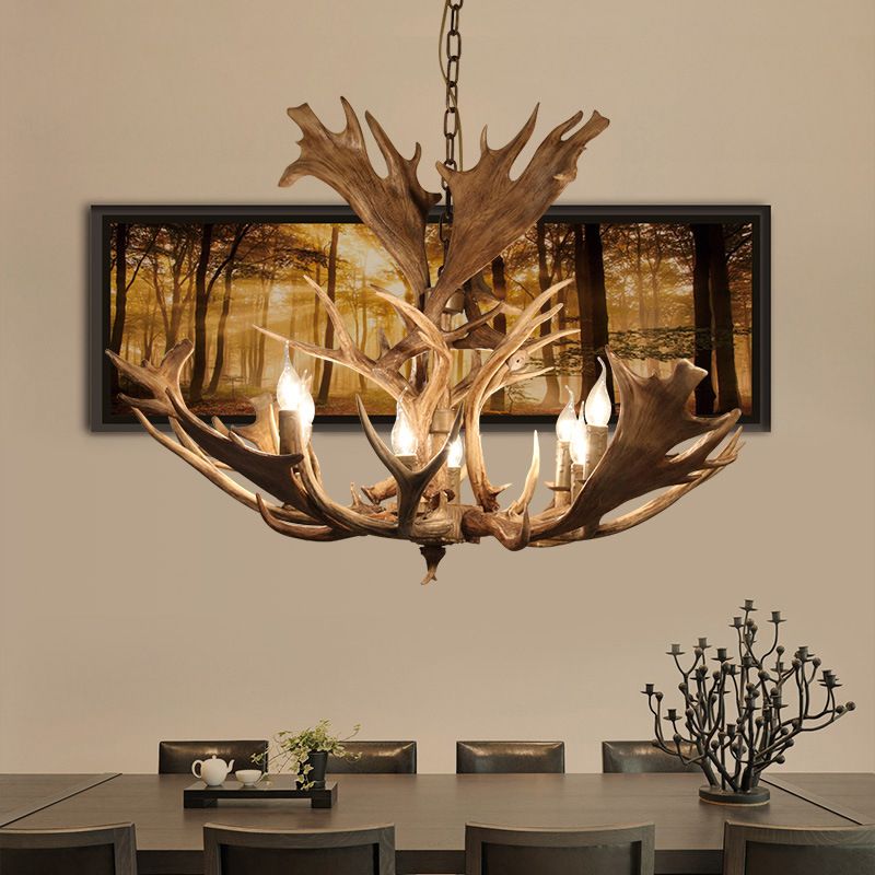 Resin Brown Hanging Chandelier Candle-Style 8 Bulbs Rural Pendant Light Fixture for Dining Room