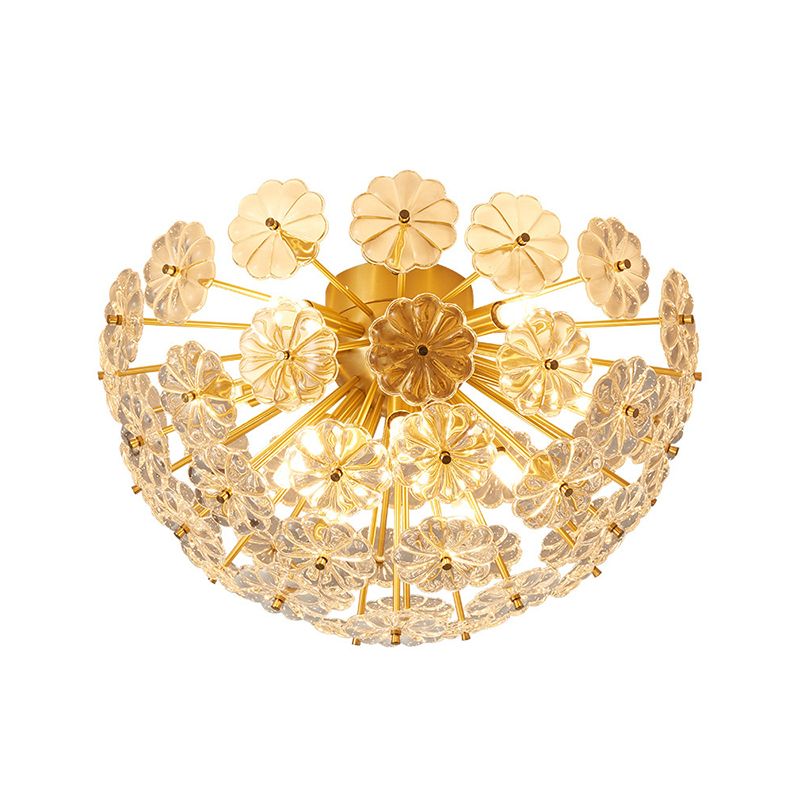 Dome Shaped Flush Mount Modern Crystal Flower Living Room Flushmount Ceiling Light in Brass