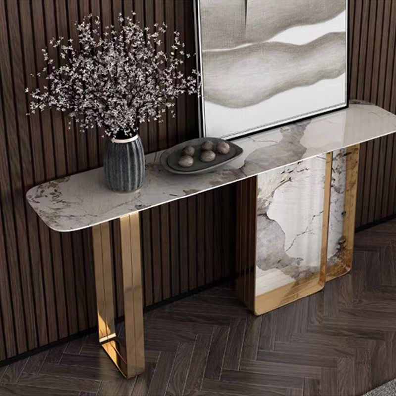 14 inch Wide Glam Accent Table Rectangle Stone Console Table for Hall