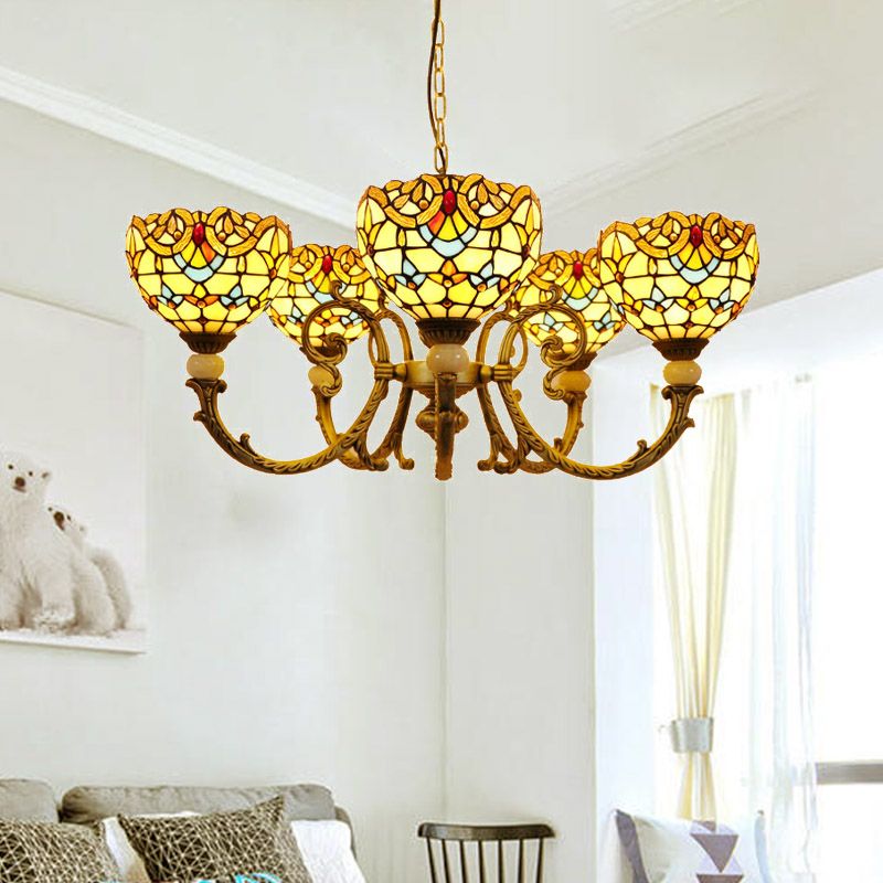 Mediterranean Dome Chandelier Lighting 5 Lights Stained Glass Drop Pendant in Orange/Blue for Living Room