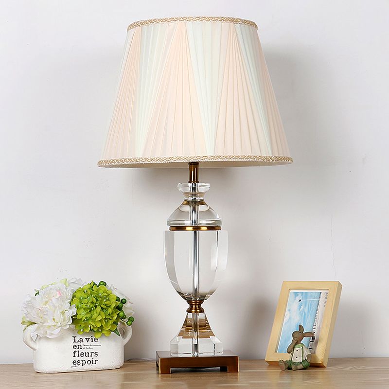 Lampe de nuit en tissu à tête unique, lampe de table de chevet conique blanche de campagne avec Base en cristal