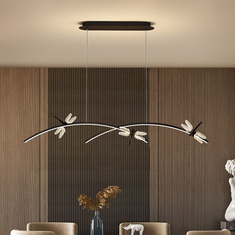 Curve Linear LED Island Pendant Minimalist Metal Restaurant Ceiling Light with Dragonfly Decor