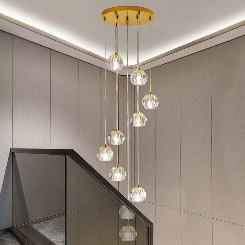 Ball Clear Glass Multi Pendant Modern Style Gold Pendulum Light met spiraalvormig ontwerp voor trappen