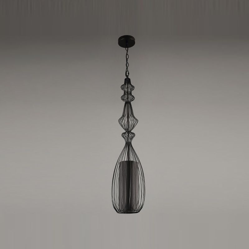 Pendante per lantenna in tessuto in gabbia retrò sala da pranzo a 1 luce appesa alla luce in nero