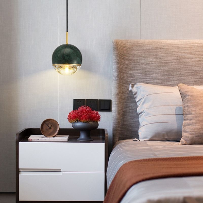 Modern Style Spherical Hanging Light All Copper Marble 1 Light Pendant Lamp for Bedside