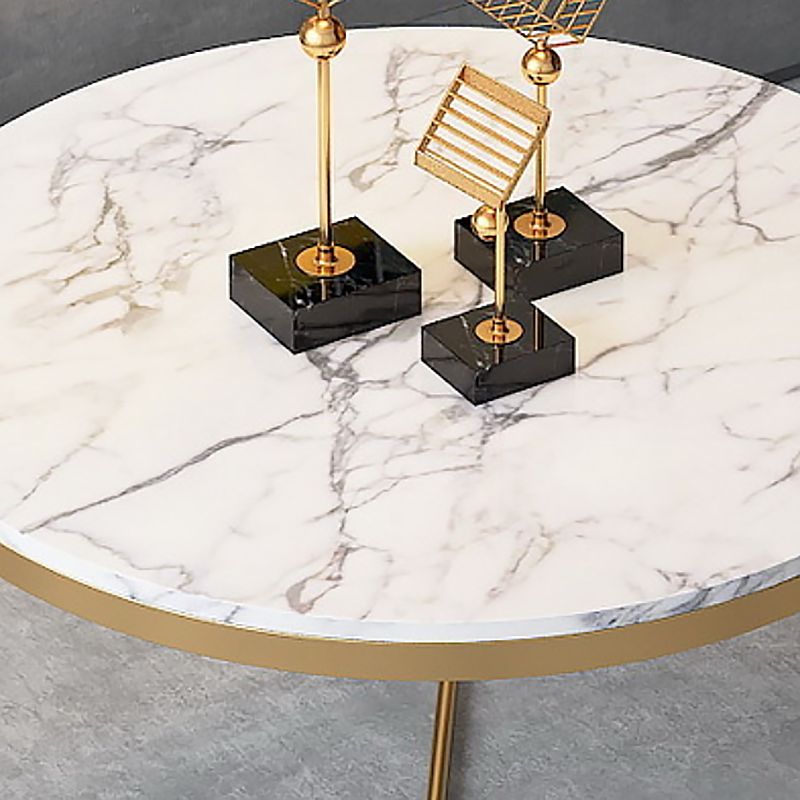 Round Coffee Table Set with Golden Iron X-Base and Marble Top