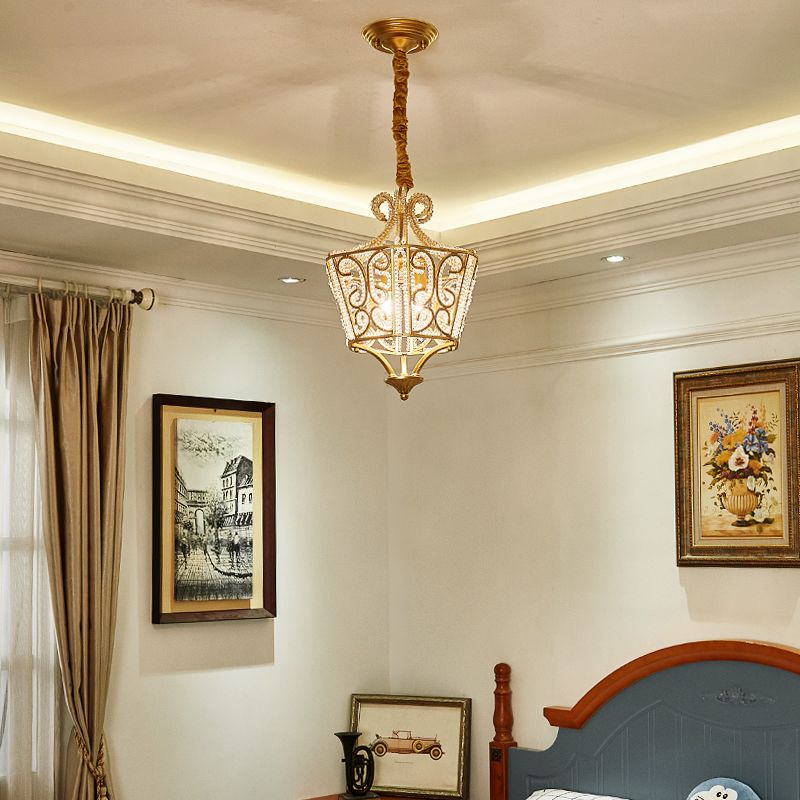 Lantern Crystal Chandelier Lighting Rustic 2 Lights Bedroom Pendant Lighting in Gold