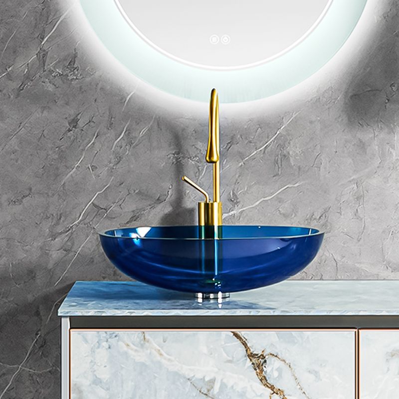 Modern Vessel Sink Oval Glass with Pop-Up Drain and Faucet Vessel Bathroom Sink