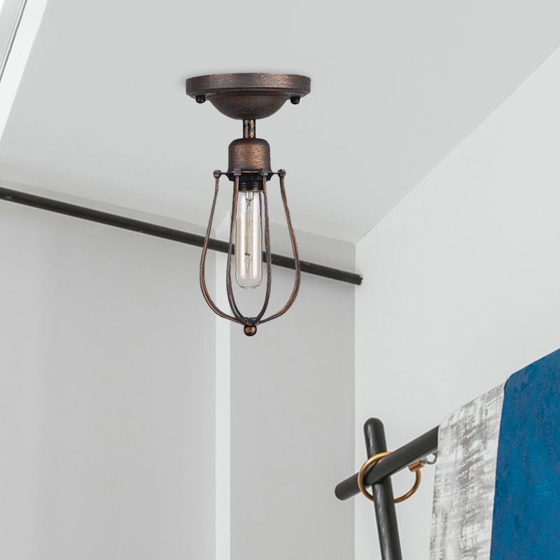 1 Bulb Ceiling Lighting with Wire Guard Wrought Iron Antique Style Bedroom Mini Semi Flush Light in Dark Rust