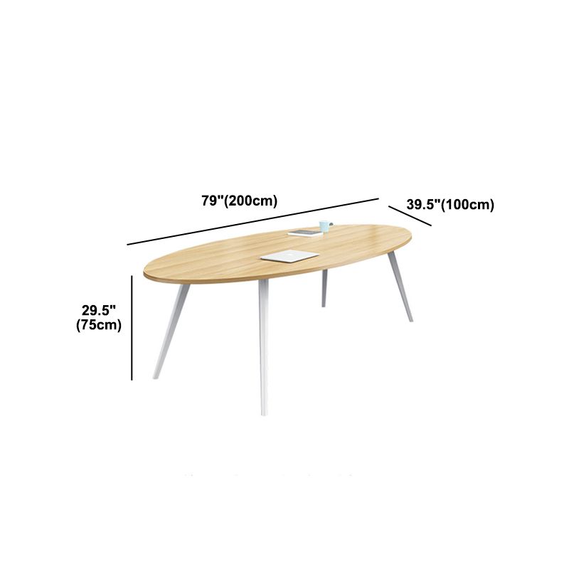 Oval Wooden Writing Desk Office Natural Desktop Desk with White Parsons Table Leg