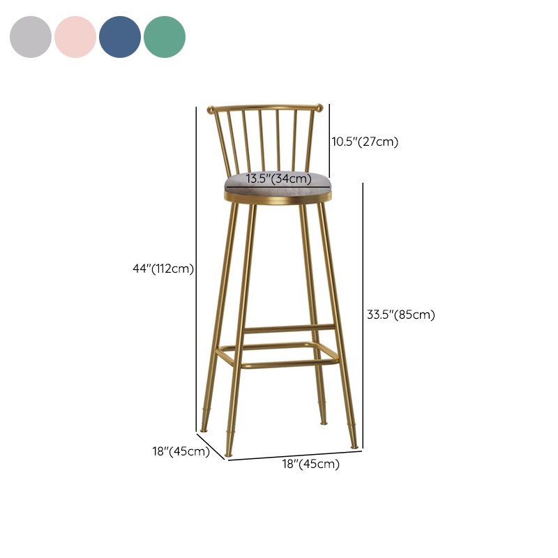 Glam Backrest Armless Counter Stool Iron Bar Stool with Velvet Cushion and Pedal for Cafe