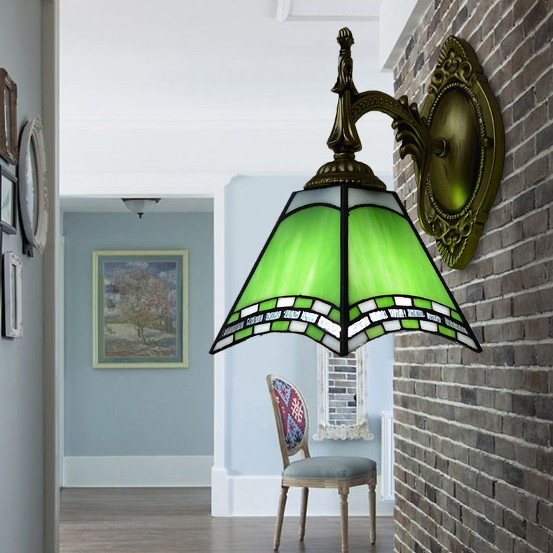 Tiffany Pyramid Sconce Lamp Stained Glass 1 Light Wall Lighting in Green/Blue/Yellow for Bedroom