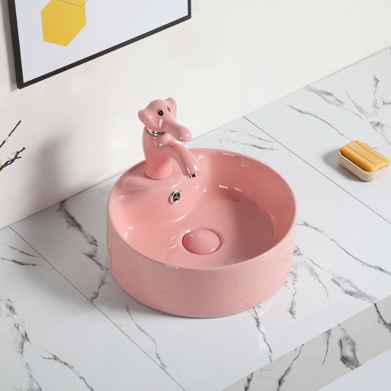 Contemporary Bathroom Sink Pop-Up Drain Porcelain Round Vessel Bathroom Sink
