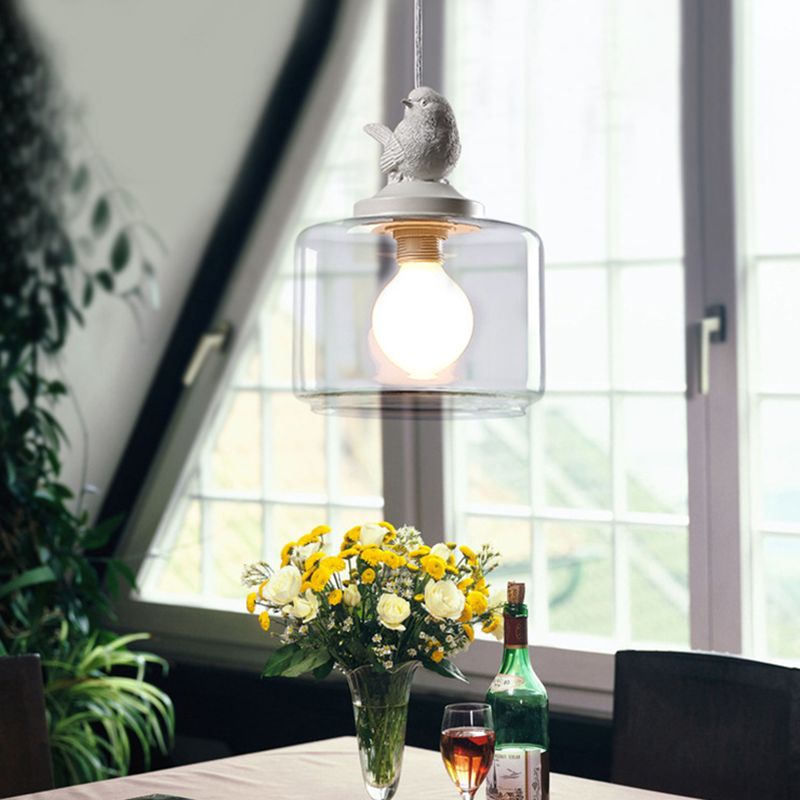 Drum Pendant Lighting Modern Clear Glass 1-Light White Hanging Light with Resin Bird Decor