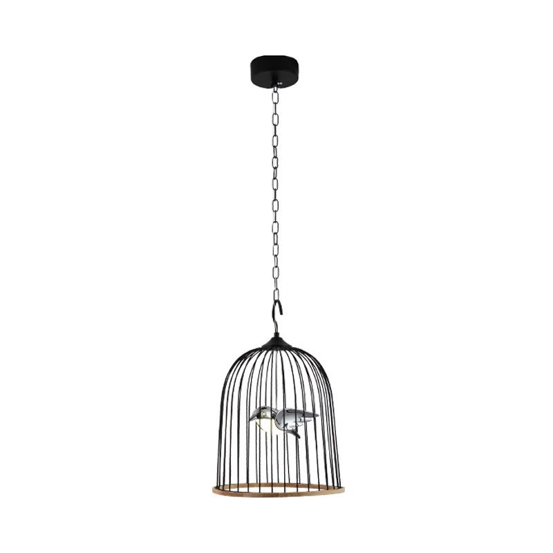 1 Bulb Cage Pendant Lamp Contemporary Metal Suspended Lighting Fixture in Black/Pink with Bird
