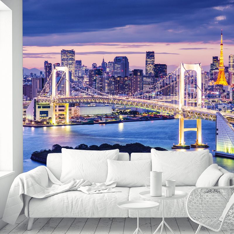 Full Size Simplicity Wall Covering in Purple Bridge and Sunset Mural Wallpaper, Custom-Printed