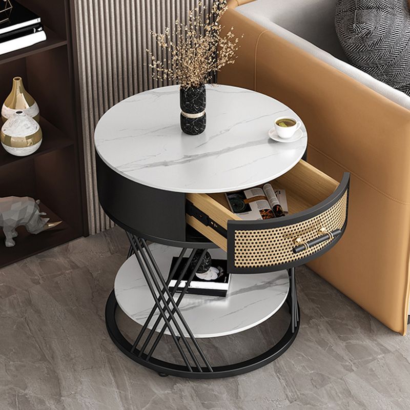 Drawer Side Accent Table Stone Top Metal Frame End Table with Shelf