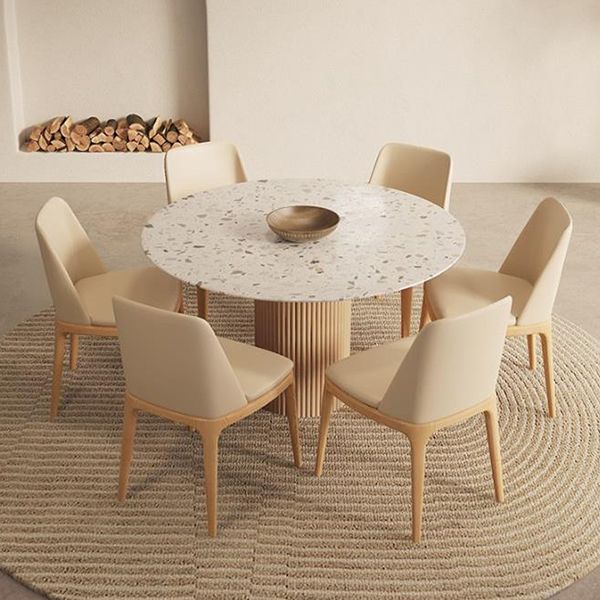 Round Dining Table Modern Stone Top Dining Table with Solid Wood Base