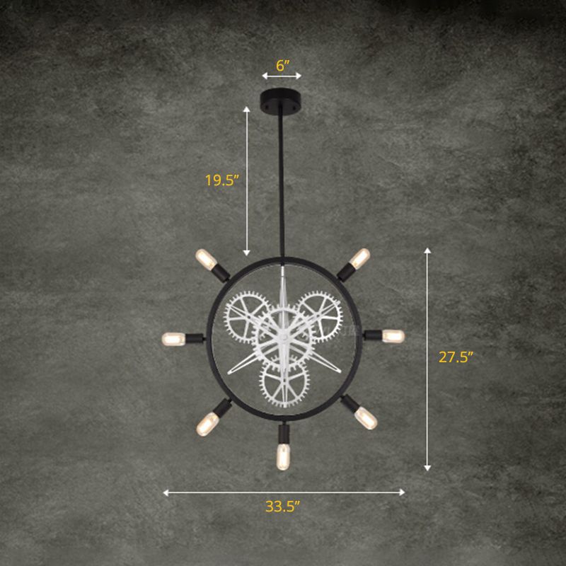 7/8 Bulbs Iron Hanging Chandelier Industrial Black/Silver Gear Wheel Dining Table Suspended Lighting Fixture with Exposed Bulb Design