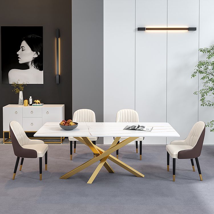 Luxury Sintered Stone Top Dining Table Rectangle Table with Metal Pedestal