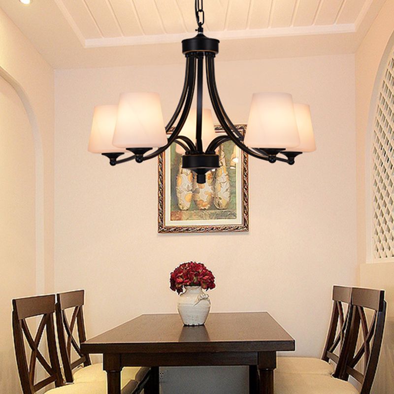 Conical Up Chandelier Rustic Gold-Black Ivory Glass Hanging Light for Living Room