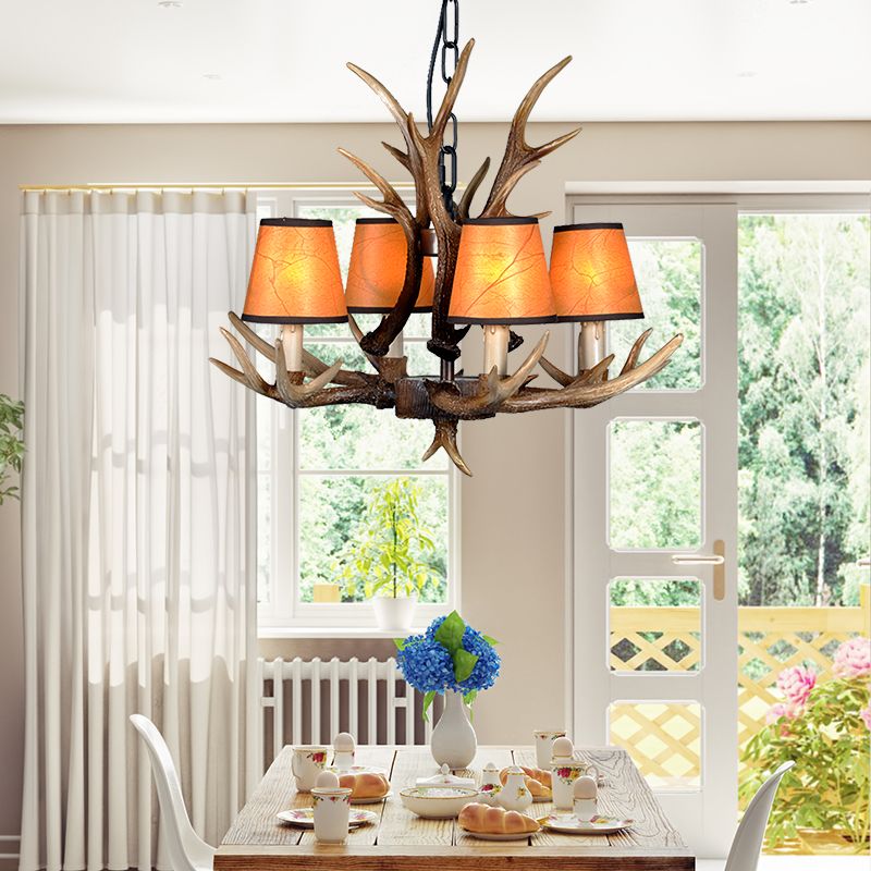4/6/8 Lights Resin Chandelier Lamp Loft Brown Cone Dining Room Down Lighting Pendant with Fabric Shade