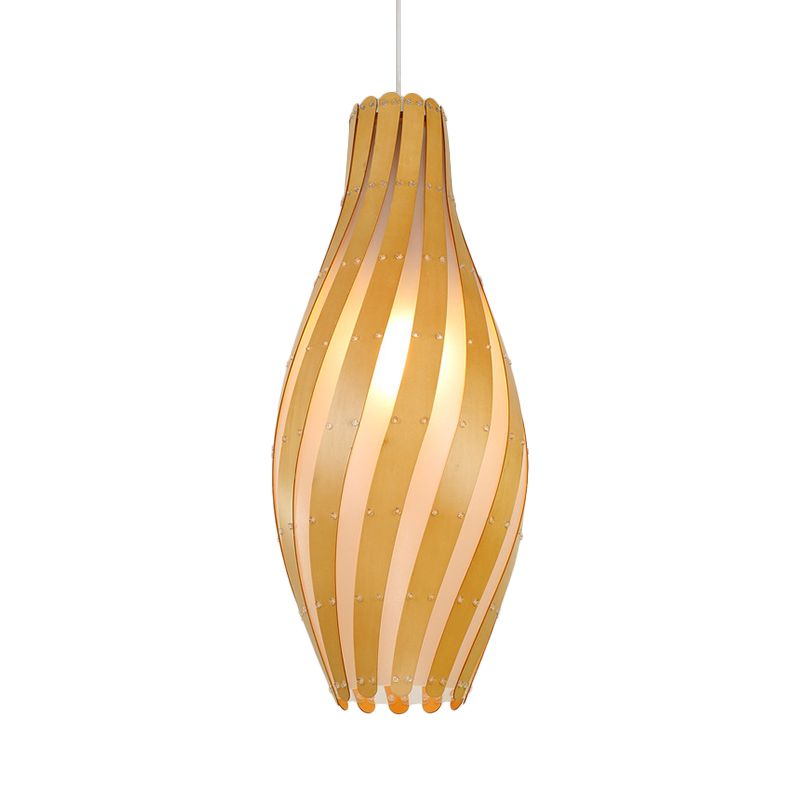 Modern Stylish 1-Light Hanging Light Beige Twisty Vase Suspension Pendant Light with Wood Shade,  6.5"/10" Width