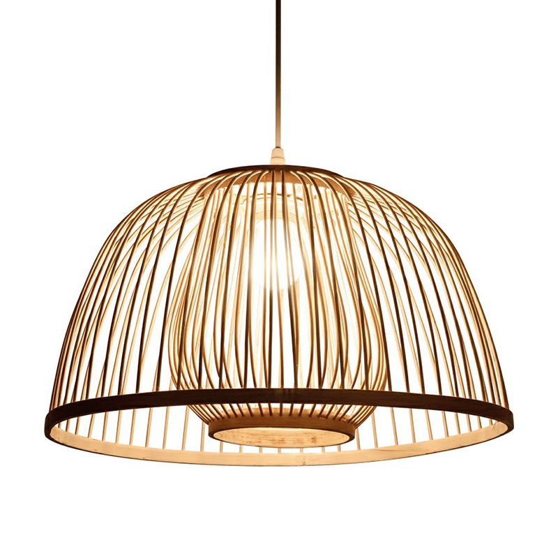 Wood Domed Ceiling Hang Light Modern 1 Head Bamboo Suspension Lamp with Cage Inner