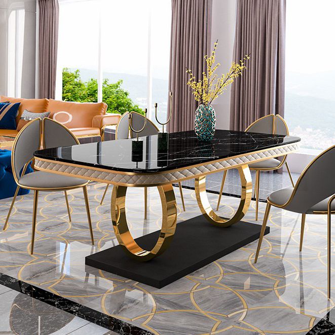 Mesa de comedor de piedra sinterizada de lujo, mesa rectangular con pedestal de metal dorado