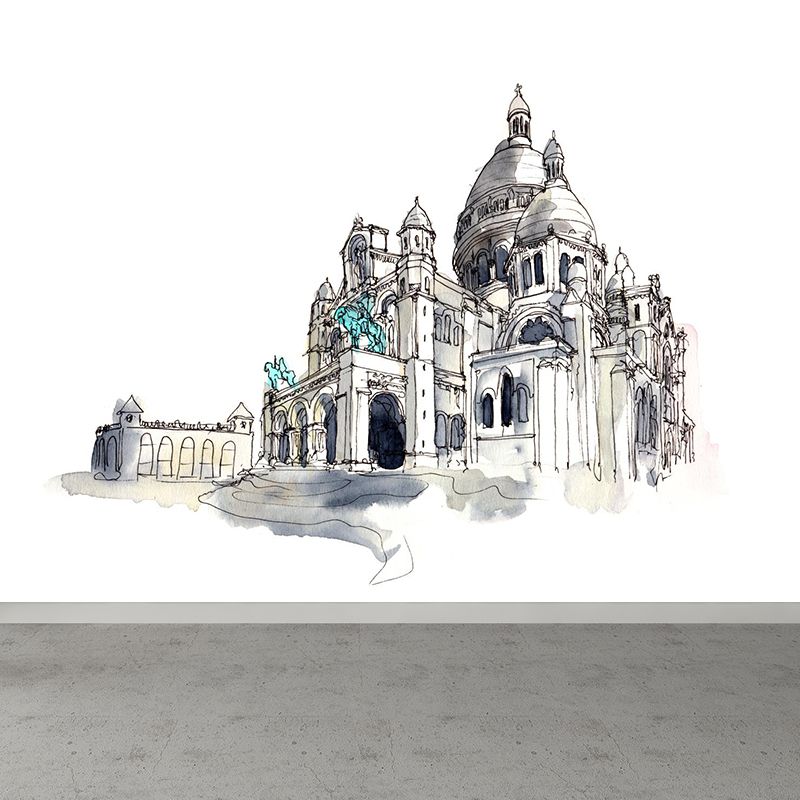 Architecture Landmark Drawing Mural Global Inspired Smooth Wall Art in Soft Color