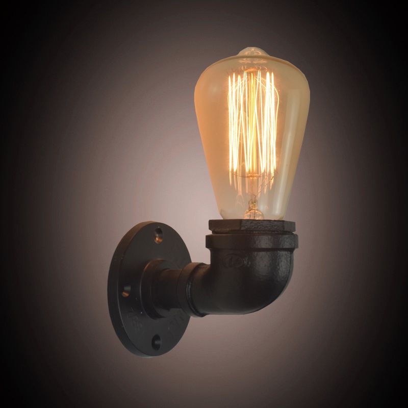 Industrial Style Pipe Shape Wall Sconce Metal 1 Light Sconces in Black for Bedroom
