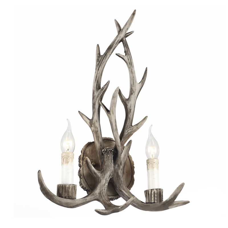 2 Heads Antler Wall Light Fixture Rustic Coffee/Brown/Grey Resin Wall Mounted Lamp with Naked Bulb Design