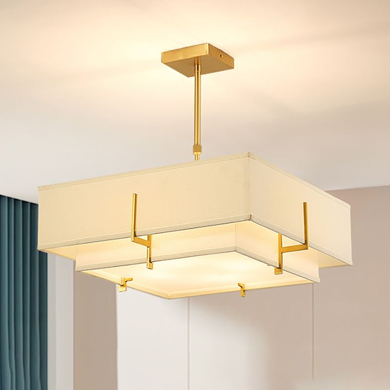 Brass Geometric Pendant Lamp Classic Fabric Chandelier for Living Room