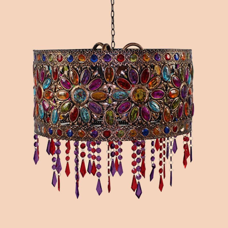Drum Restaurant Chandelier Lighting Art Deco Metal 3 Bulbs White/Black Pendant Light Fixture with Crystal Accent