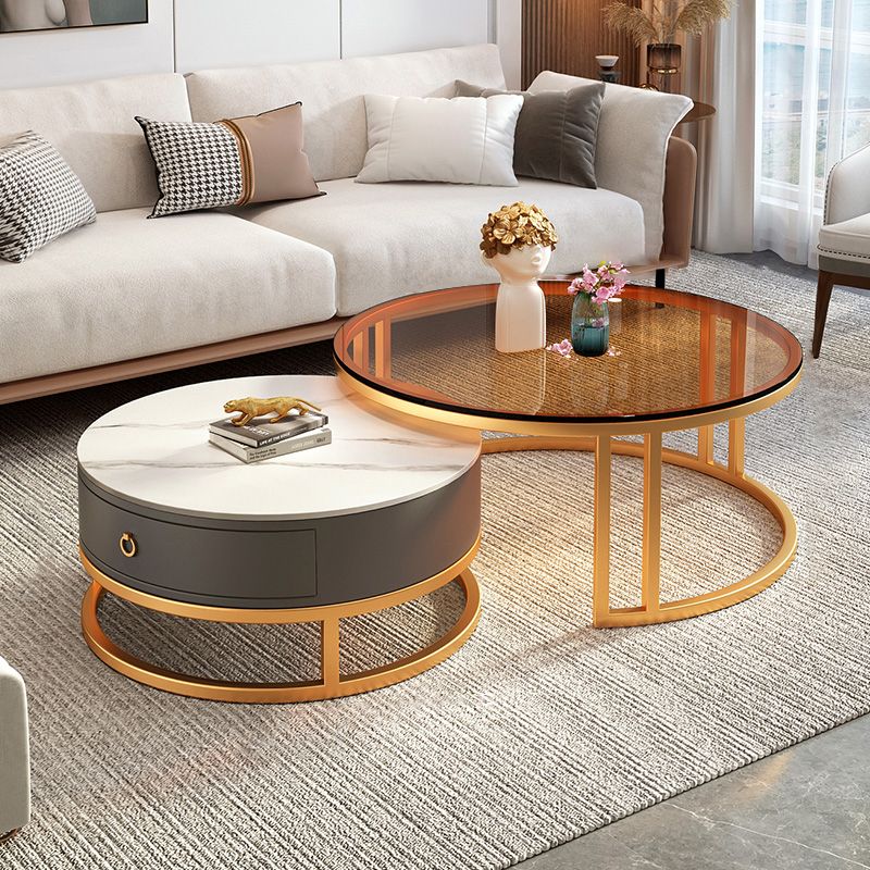 Round Nesting Coffee Table Set Frame Glass Coffee Table with Drawer