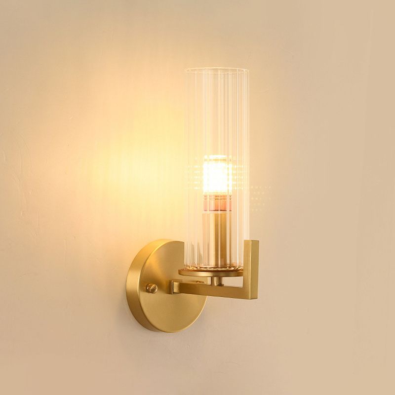 Single-Bulb Glass Wall Light Minimalist Gold Finish Cylindrical Foyer Wall Sconce Lamp