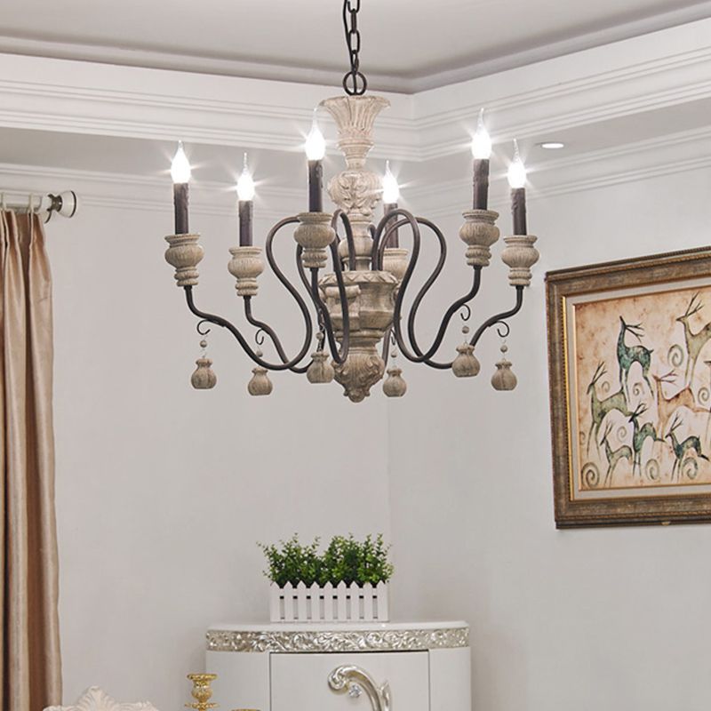 Gray Candelabra Hanging Light Traditional Wood 6 Lights Living Room Chandelier Light