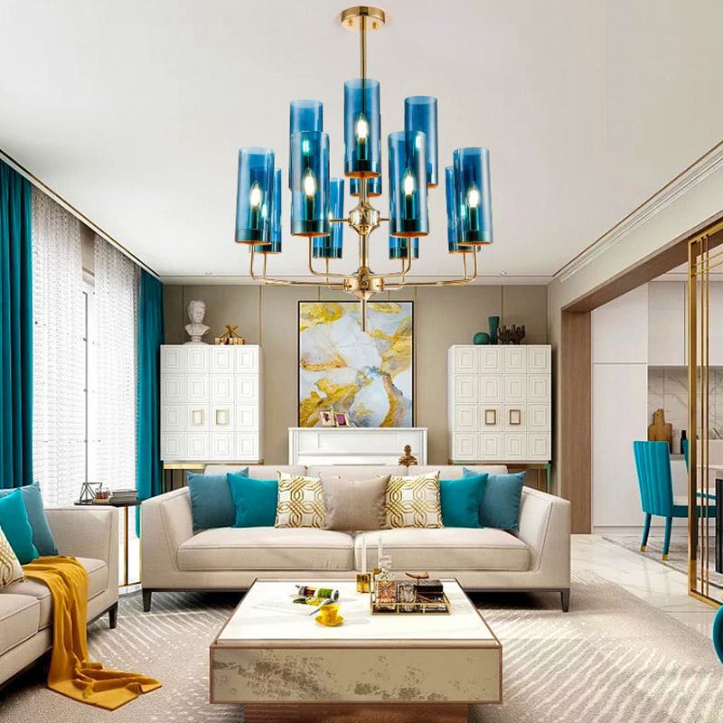 Zylinder Hanging Lamp Kit Postmoderne Blau/Cognac -Glas 12 Köpfe Esszimmer Kronleuchter Beleuchtung