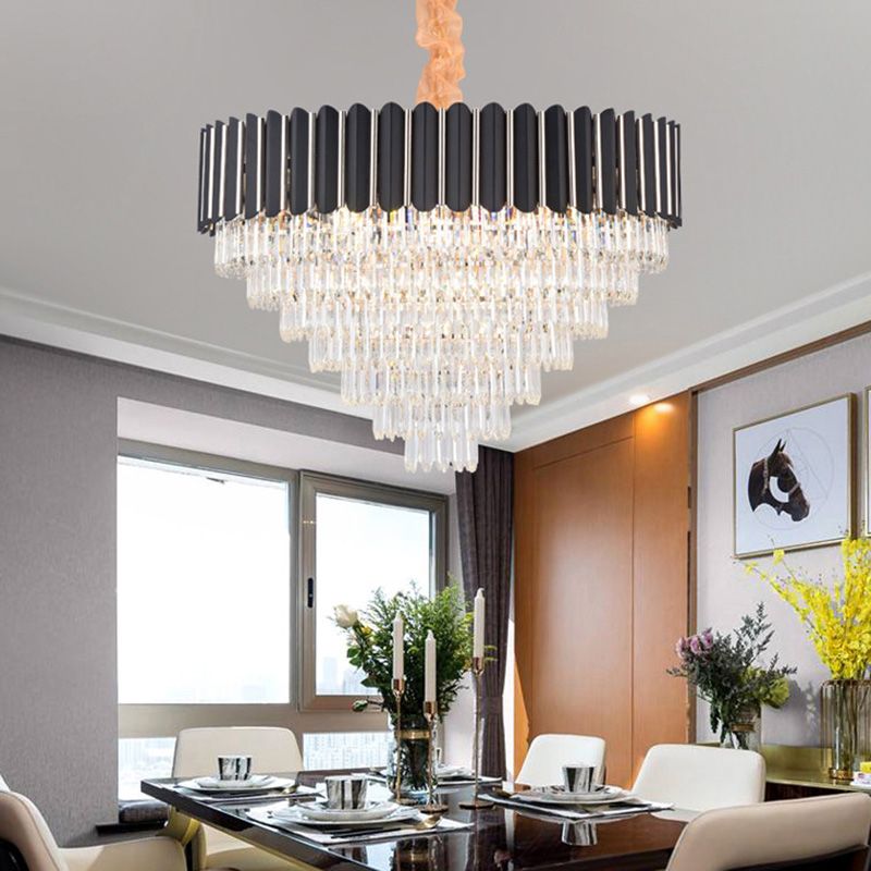 Layered Chandelier Lighting Fixture Minimalist Crystal 16/22 Lights Black Hanging Pendant Light