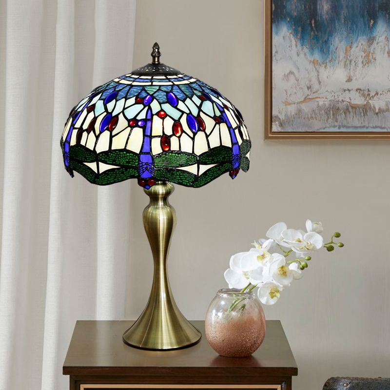 Lampada da comodino smerlata in vetro colorato mediterraneo con illuminazione da tavolo blu a 1 testa con perline