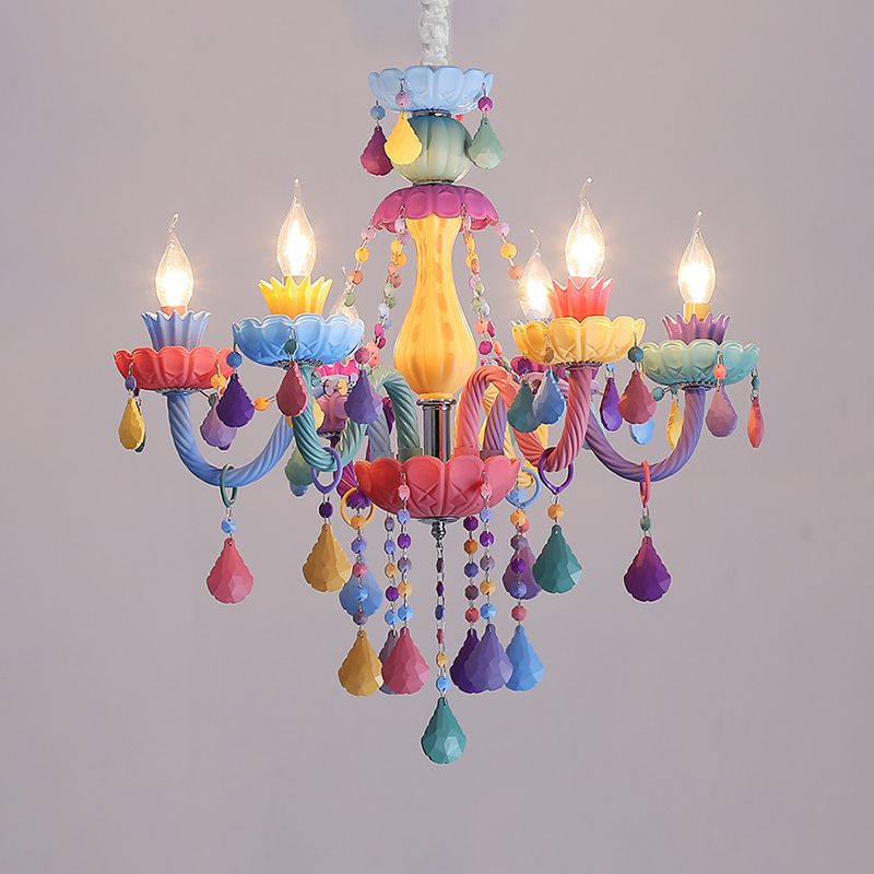 Candle Baby Room Chandelier Metal Macaron Suspension Light with Crystal Drapes