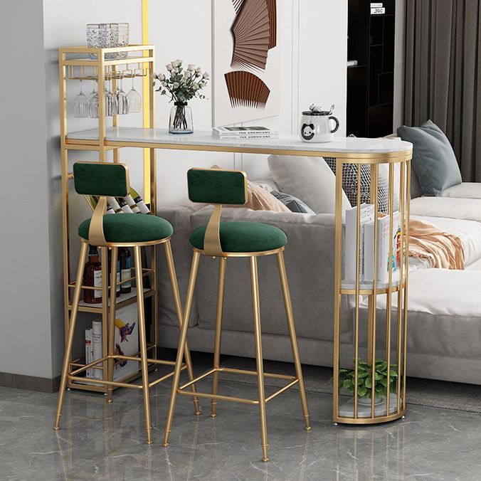 Glam Gold Iron Bar Table 41.3"H Marble White Top Bistro Table with Wine Glass Holders