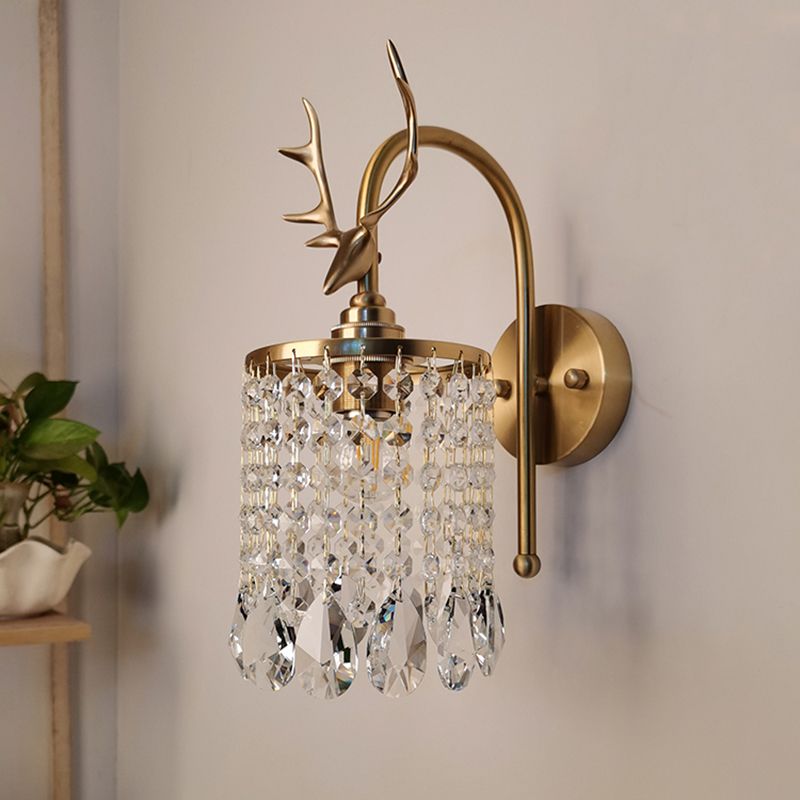 Copper Gold Wall Sconce in Modern Artistic Style Crystal 1-Light Wall Light with Antler Decoration